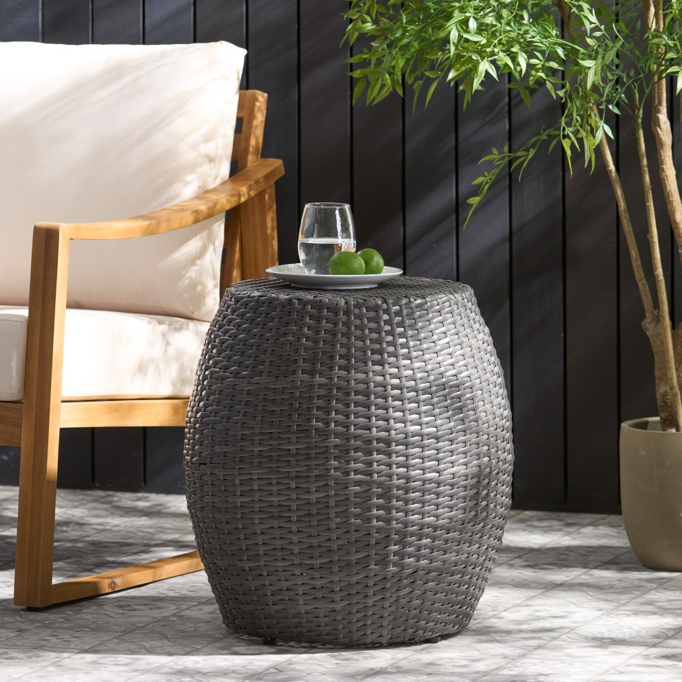 GDF Studio Channing Outdoor Wicker 14.00" Barrel Side Table, Gray