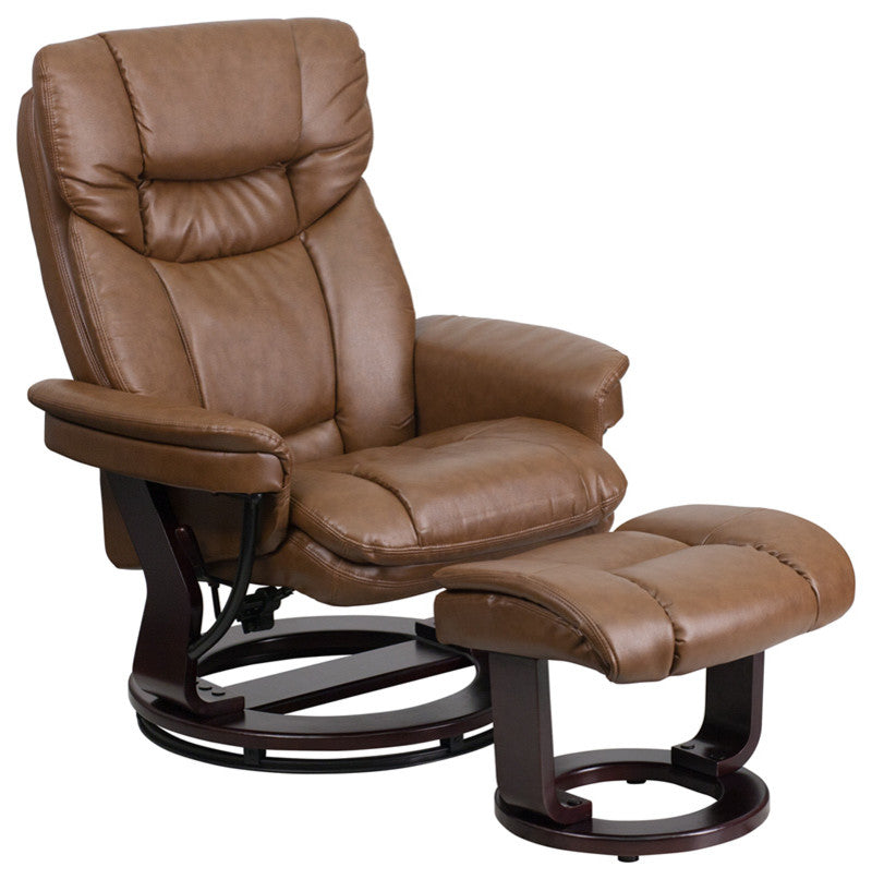 Palimino Leather Recliner and Ottoman With Swiveling Mahogany Wood Base