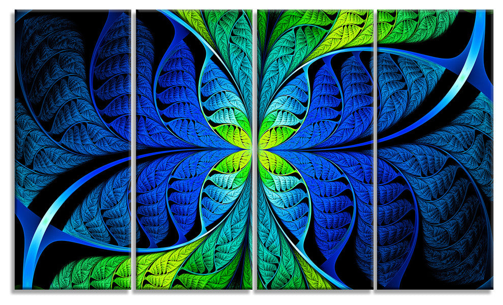 Blue Green Fractal Stained Glass, Abstract Canvas Art Print, 48"x28", 4 Panels