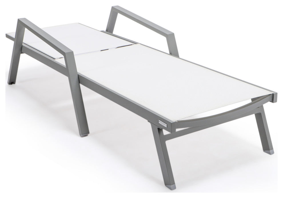 LeisureMod Marlin Patio Chaise Lounge Chair With Arms Gray Frame, White