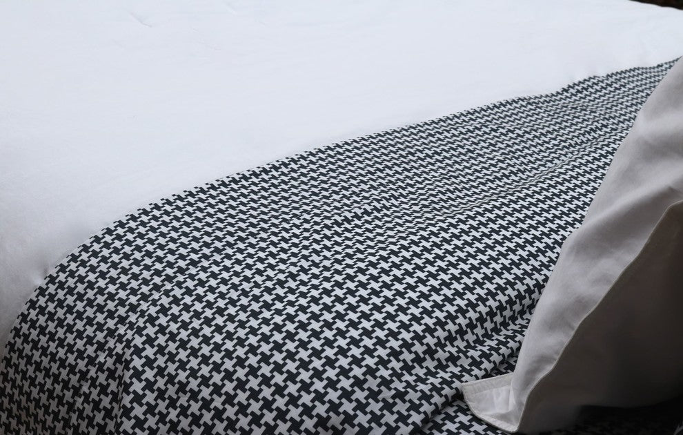 Slate And White Houndstooth Printed Sheet Set, 100% Cotton Matte Sateen