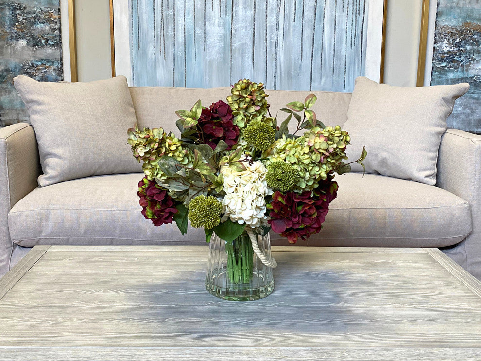 Creative Displays Arrangement, Hydrangea, Sedum and Ivy, Glass Vase With Rope