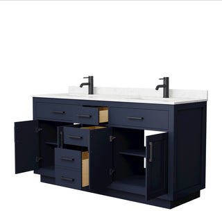 Beckett TK 66" Dark Blue Double Vanity, Cultured Top, Black Trim