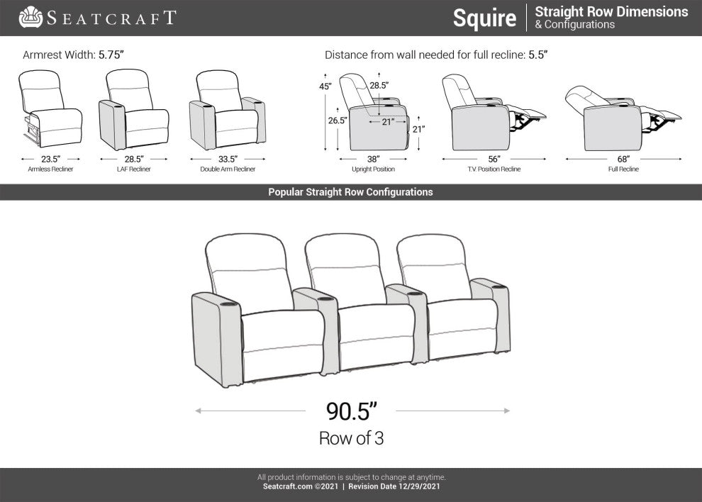 Seatcraft Squire Home Theater Seating, Brown, Row of 3