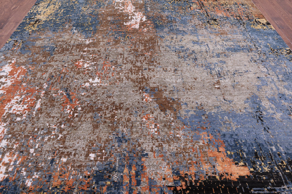10' 2" X 14' 2" Wool and Silk Abstract Handmade Rug Q8863