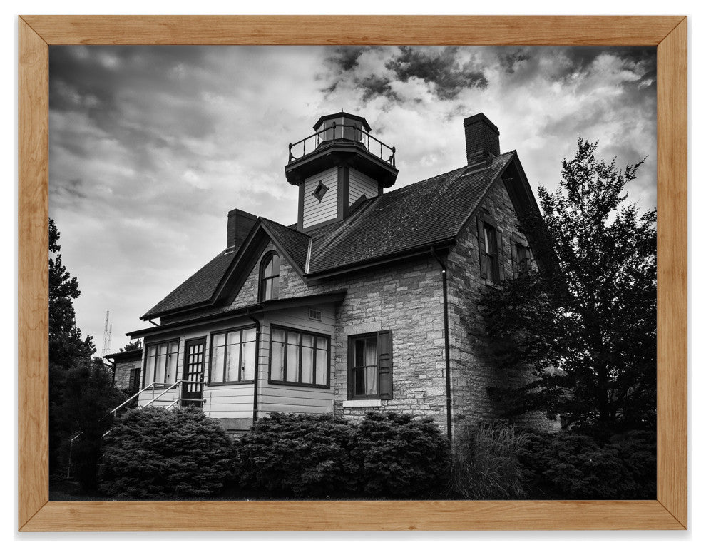 Cedar Point Lighthouse in Black and White Framed Photo Paper Wall Art Prints, Red Oak, 12" X 18"