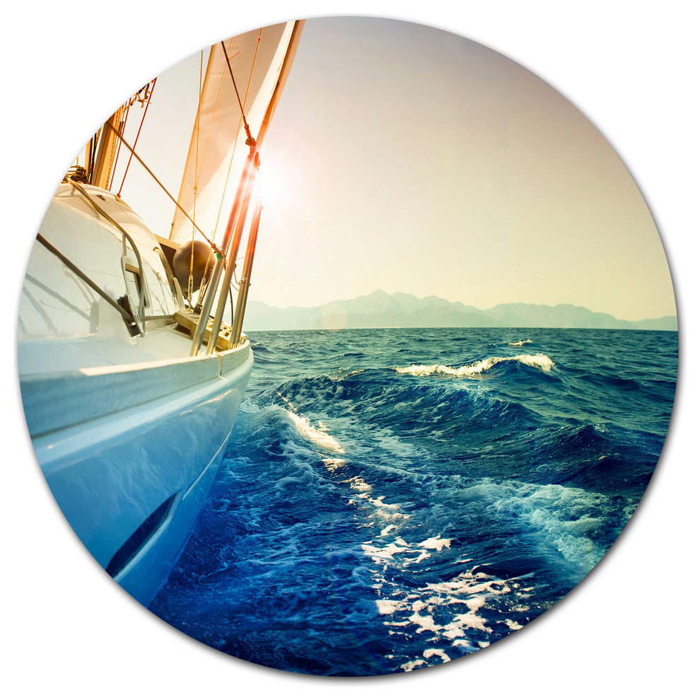 Yacht Sailing In Wavy Waters, Seashore Large Disc Metal Wall Art, 23"