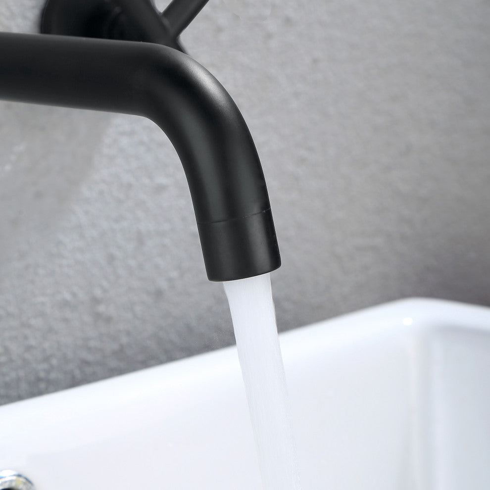Three Holes Dual Handles Wall Mounted Bathroom Sink Faucet, Matte Black