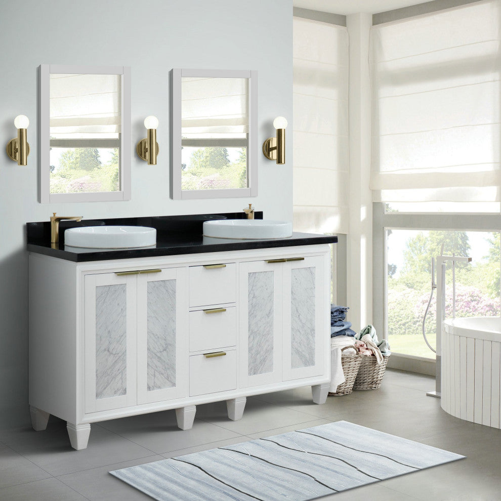 61" Double Sink Vanity, White Finish With Black Galaxy Granite And Round Sink