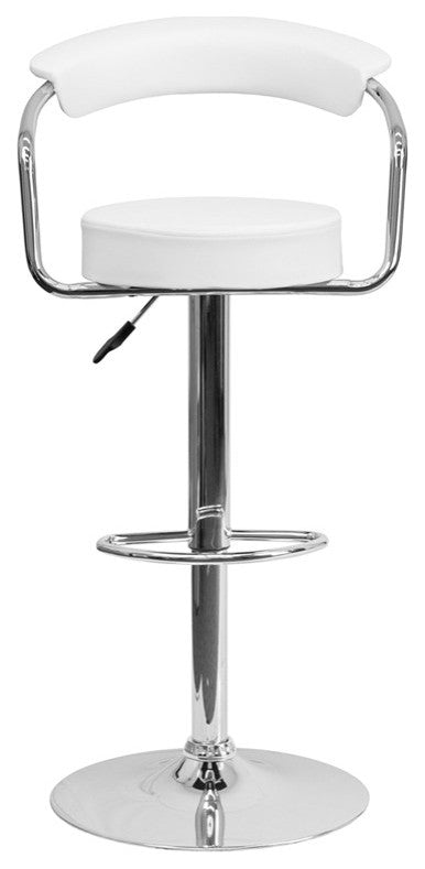 Contemporary White Vinyl Adjustable Barstool With Arms and Chrome Base