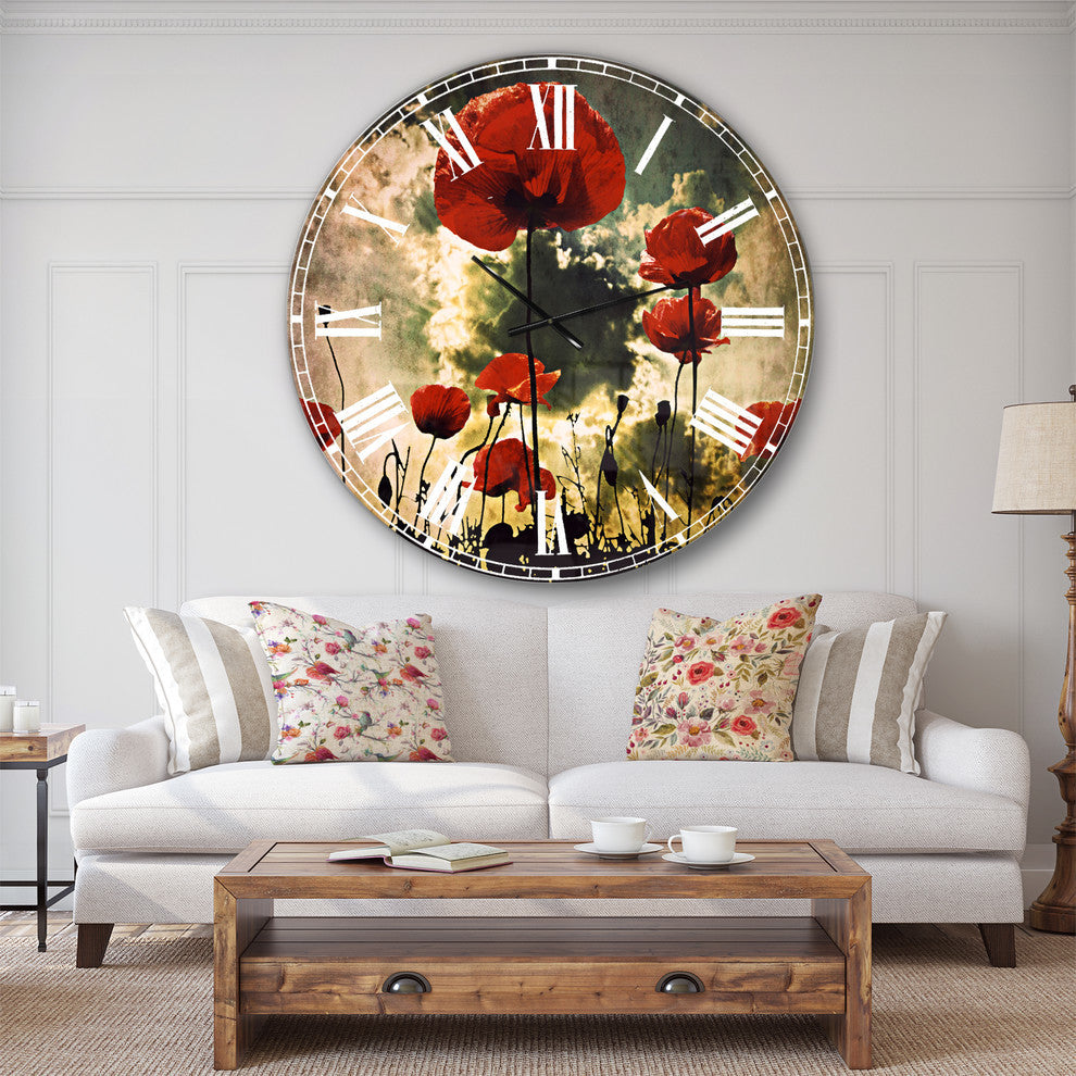 Poppies On Thunderstorm Background Floral Metal Clock, 36x36