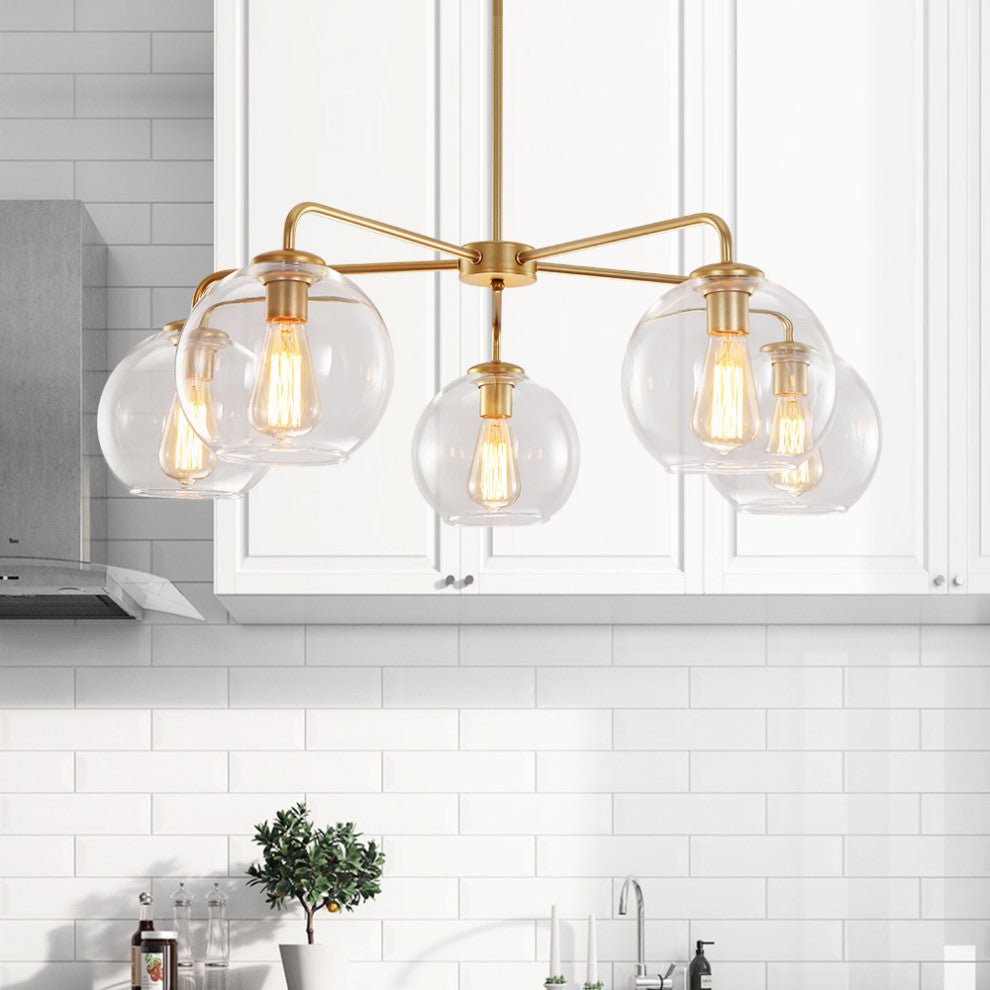 5-Light Glass Bubble Sputnik Light Fixture, Brass