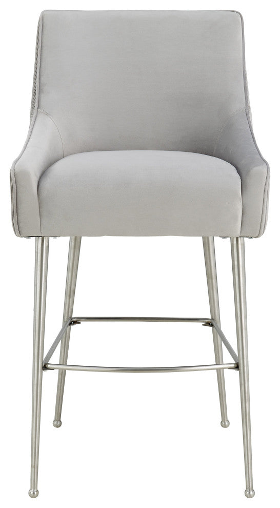 Beatrix Pleated Light Grey Velvet Bar Stool