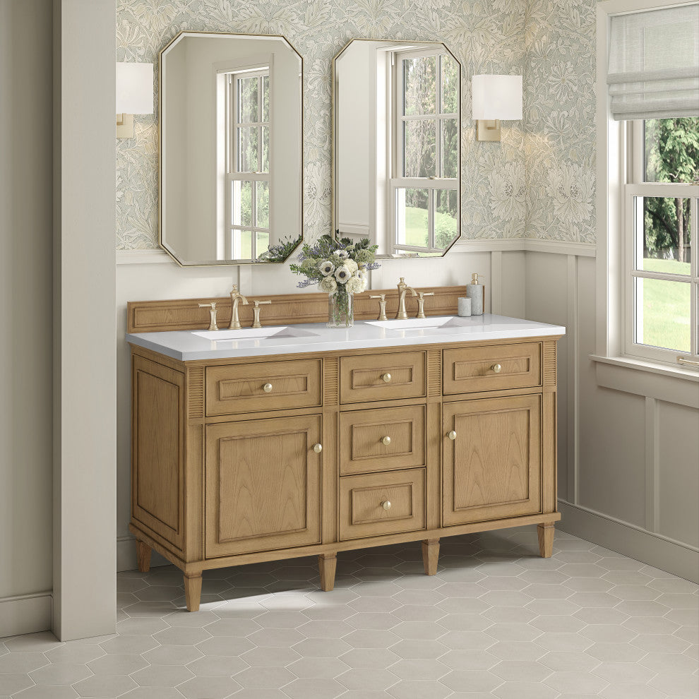 Lorelai 60" Double Vanity, Light Natural Oak, 3 CM White Zeus Top