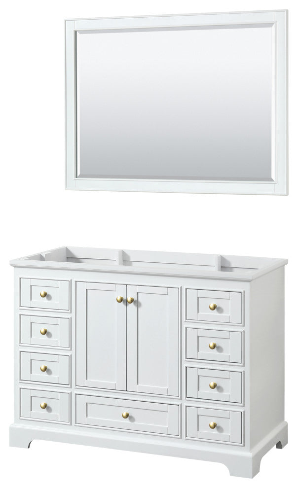 48" Single Bath Vanity, White, No Countertop, Gold Trim, 46" Mirror