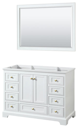 48" Single Bath Vanity, White, No Countertop, Gold Trim, 46" Mirror