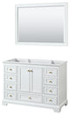 48" Single Bath Vanity, White, No Countertop, Gold Trim, 46" Mirror