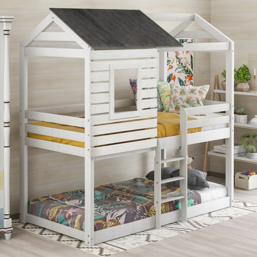 Antique White Twin Over Twin Bunk Bed With Roof