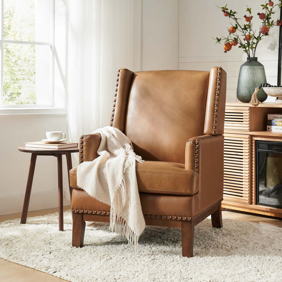 30"W Mid-Century Style Genuine Leather Armchair With Solid Wood Frame, Camel