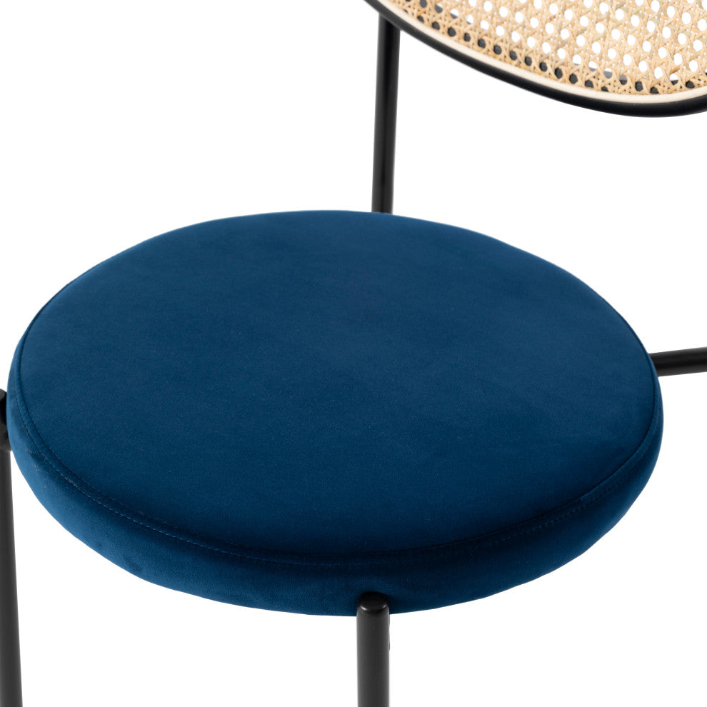 LeisureMod Euston Dining Chair With Wicker Back & Velvet Seat Set of 4, Navy Blue