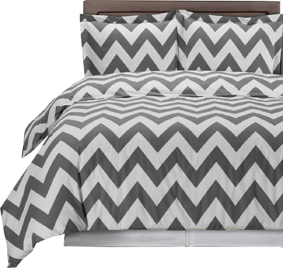 Chevron Printed 100% Cotton Duvet Cover Set, Gray and White, King/Cal King