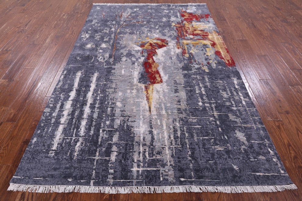 Woman Under The Rain Handmade Wool & Silk Rug 5' 11" X 9' 0" - Q13158