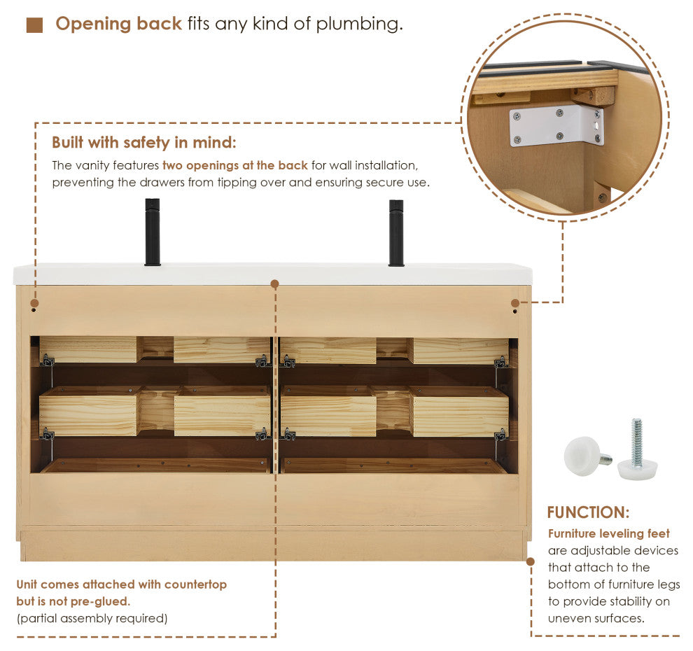 Sigrid Bathroom Vanity, White Oak, 60", No Mirror