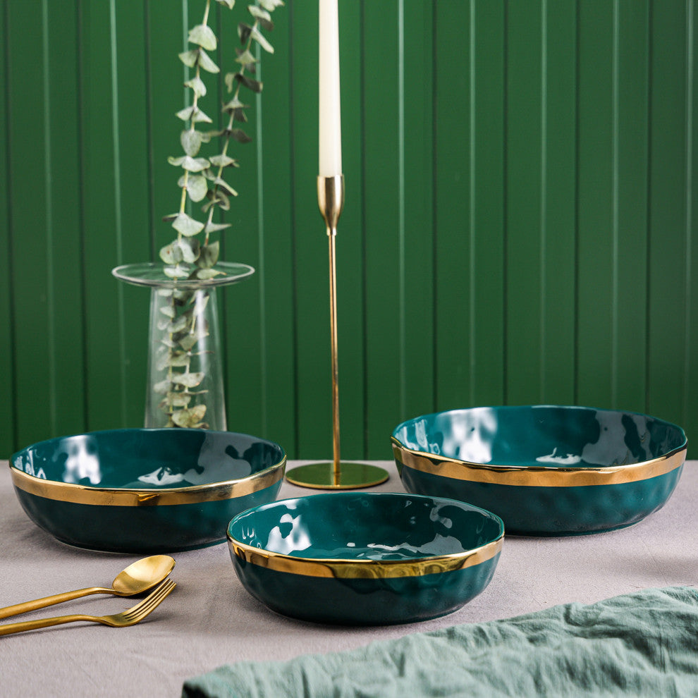 3-Piece Stone Lain Florian Porcelain Serving Bowl Set, Green
