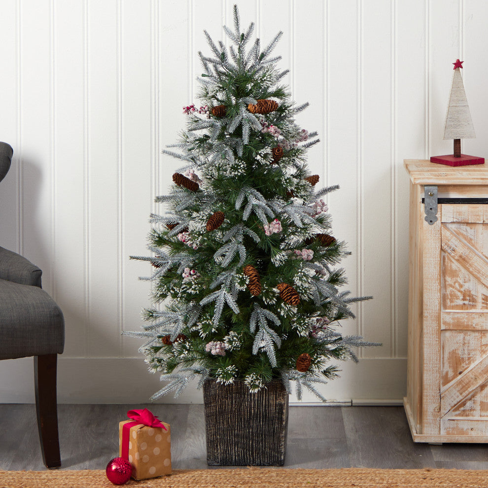4' Frosted Faux Xmas Tree Pre-Lit With 105 lights & Berries, Decorative Planter