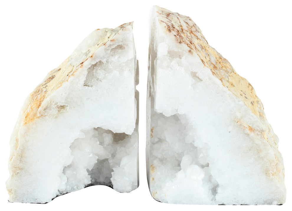 Benzara BM285560 5" Natural White Stone Bookends, Artisanal Textured Geode Rock