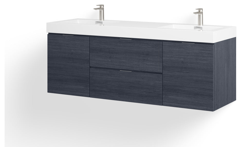 Boutique Bath Vanity, Gray Oak, 60", Double Sink, Wall Mount