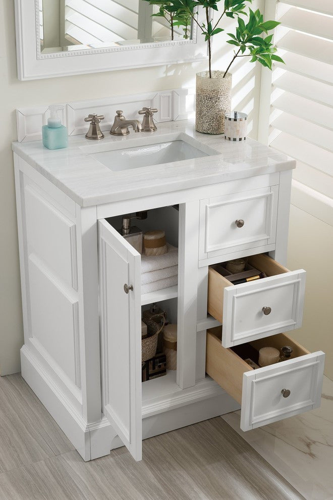 De Soto 30" Single Vanity, Bright White, 3CM Arctic Fall Solid Surface Top