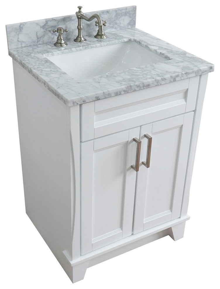 25" Single Sink Vanity, White Finish With White Carrara Marble