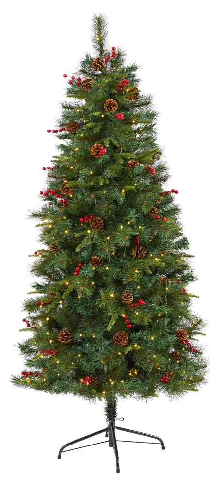 6' Mixed Pine Faux Xmas Tree With 250 Clear LED Lights, Pine Cones and Berries