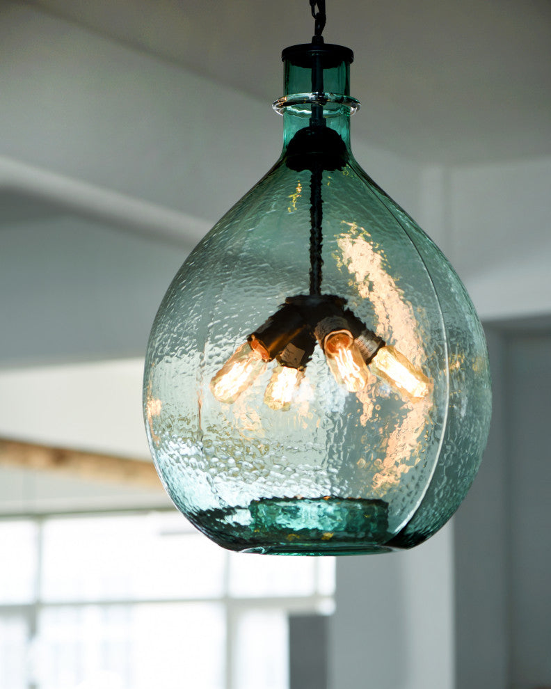 Wavy Hammered Hand Blown Glass Pendant Light, Black, 16", Green Glass