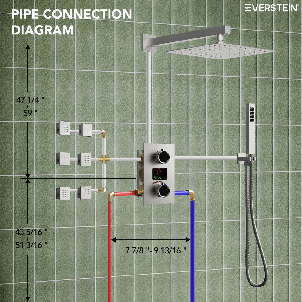 LED Temperature Digital Display Shower System With Body Jets, Brushed Nickel, 12 Inches