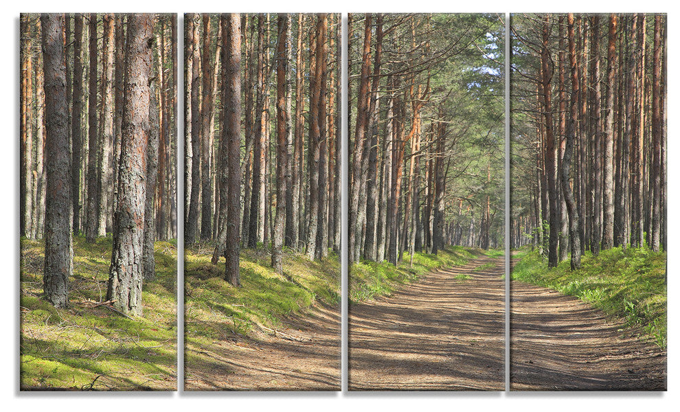 Beautiful Road Through Thick Woods, Modern Forest Canvas Art, 48"x28", 4 Panels