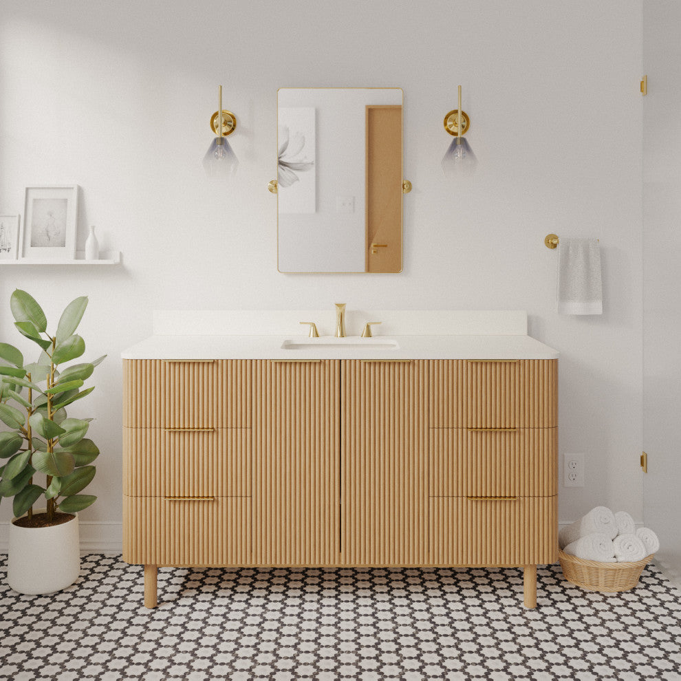 Utopia 60" Bathroom Vanity, Blonde, Top: Engineered White, Single