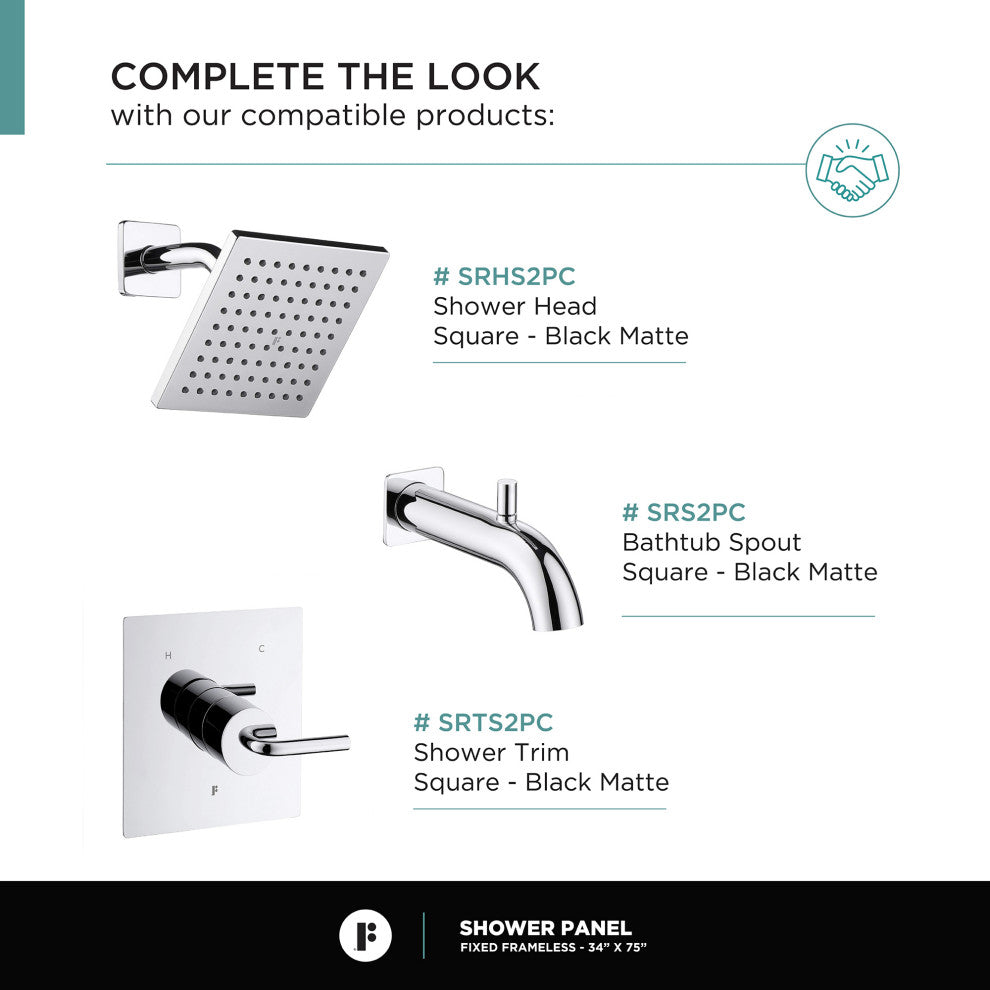Single Fixed Glass Shower Panel - Clear Tempered Frameless Shower Glass Door, Polished Chrome, 34"