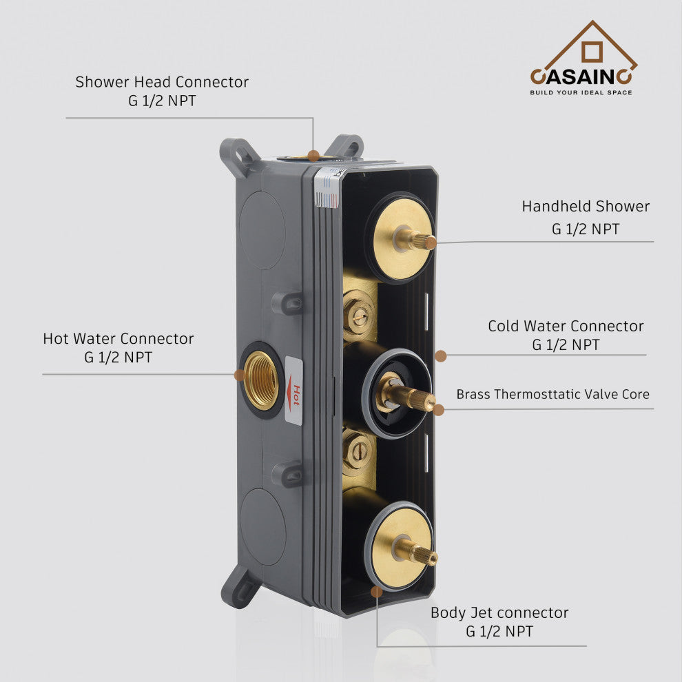 CASAINC 12" Wall Mounted 3 Way Thermostatic Luxury Shower System Set, Matte Black