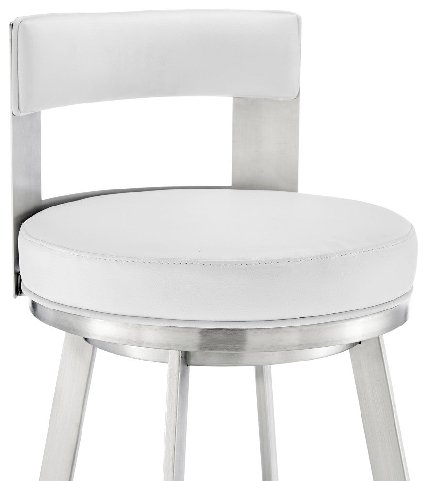 Lynof Swivel Bar Stool With Faux Leather, White, Brushed Stainless Steel