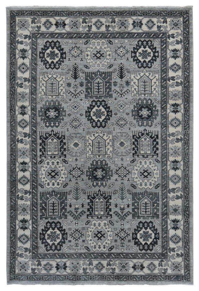 Medium Gray Pure Wool Hand Knotted Peshawar With Karajeh Design Rug 6'2"x9'2"