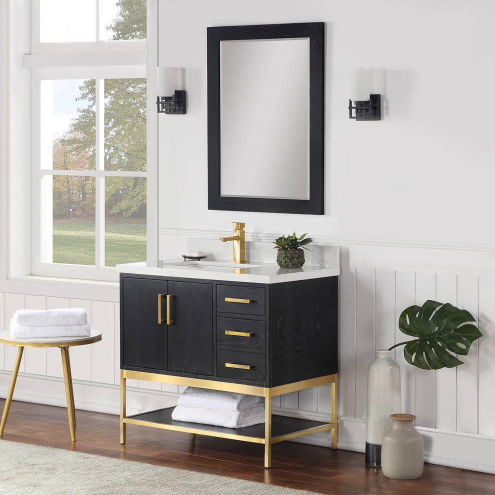 Wildy Black Oak Bathroom Vanity Set, 36", With Mirror