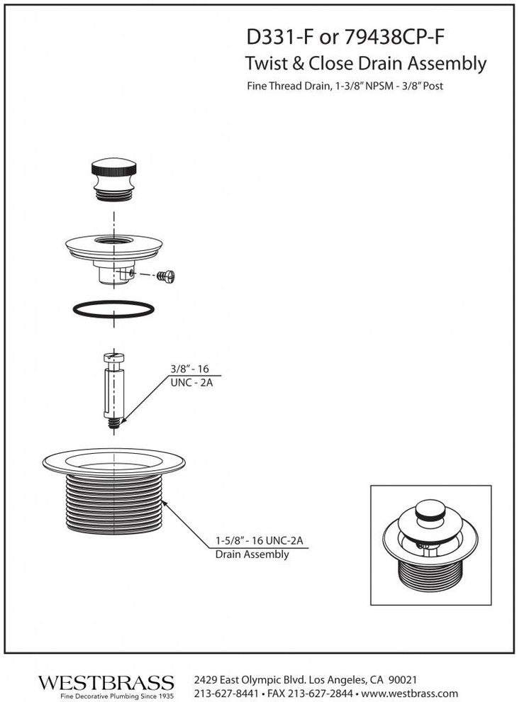Twist and Close 1-3, 8" NPSM Fine Thread Bath Drain, Polished Chrome