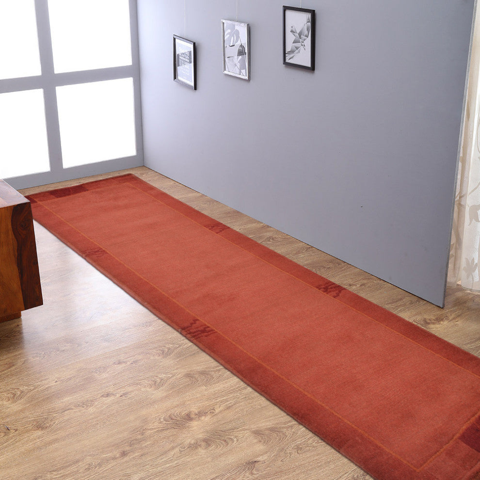 Hand Knotted Tibbati Wool Area Rug Contemporary Dark Orange