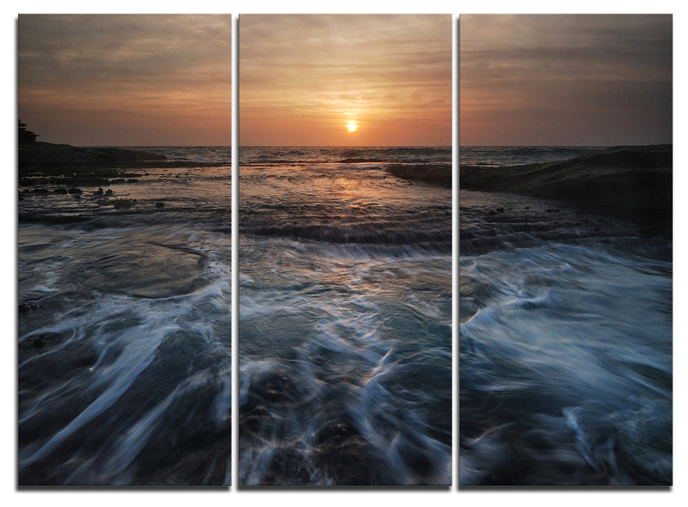 "Dark Seashore With Rushing Waves" Beach Metal Wall Art, 3 Panels, 36"x28"