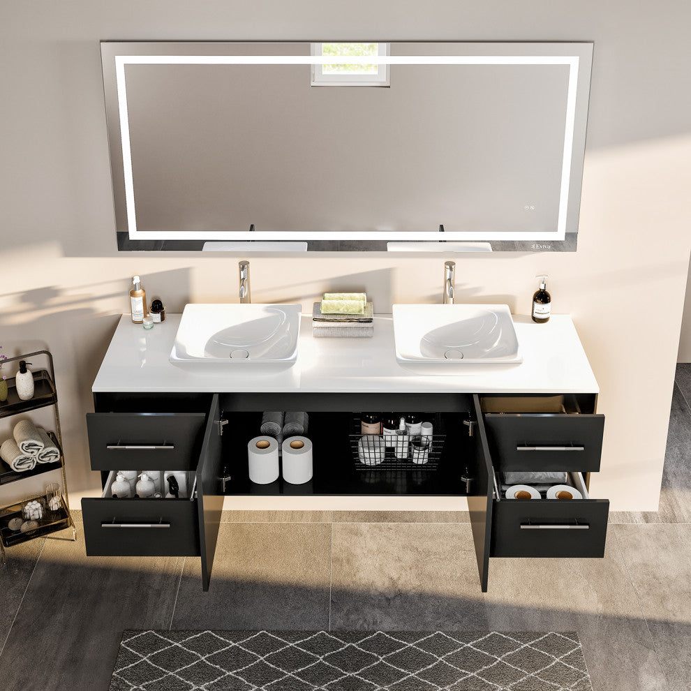 Eviva Wave Wall Mount DS Bath Vanity with WH Quartz Countertop, Espresso, 60"