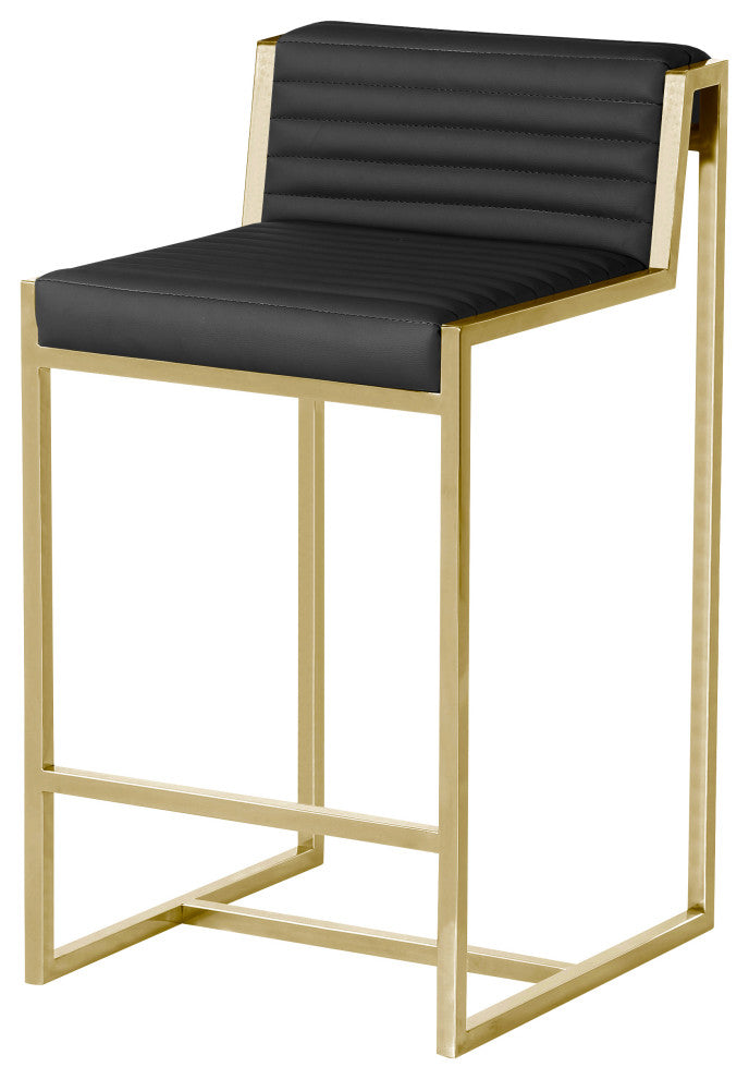 Giza Counter Stool, Brushed Gold Counter Stool, Faux Leather Ribbed Seat, Black