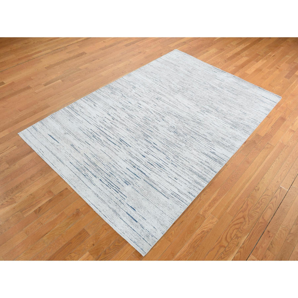 Frost White, 100% Wool, Striae Design, Hand Knotted, Oriental Rug, 6'1"x9'4"
