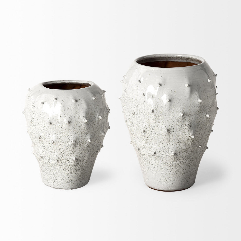 14' White Spiked Organic Glaze Large Mouth Ceramic Vase